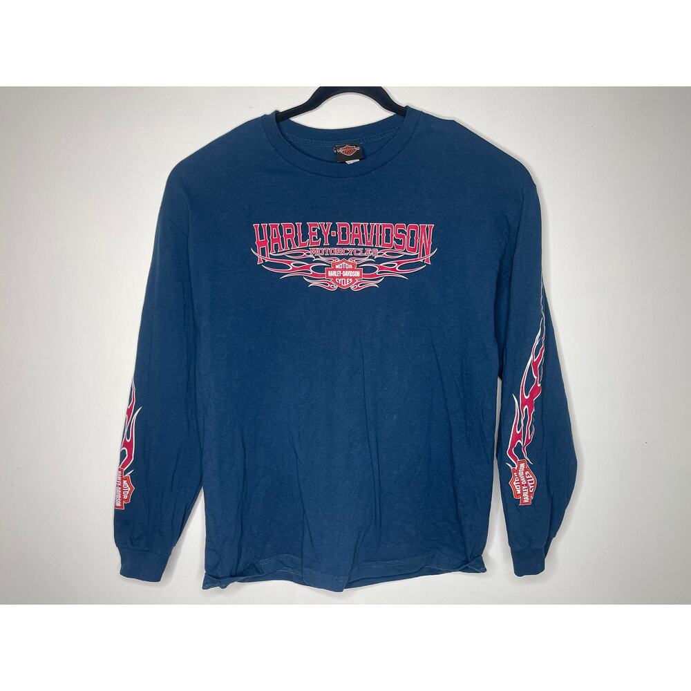 Harley Davidson T Shirt XL BlueFlames Tribal Long Sleeve Biker Y2K